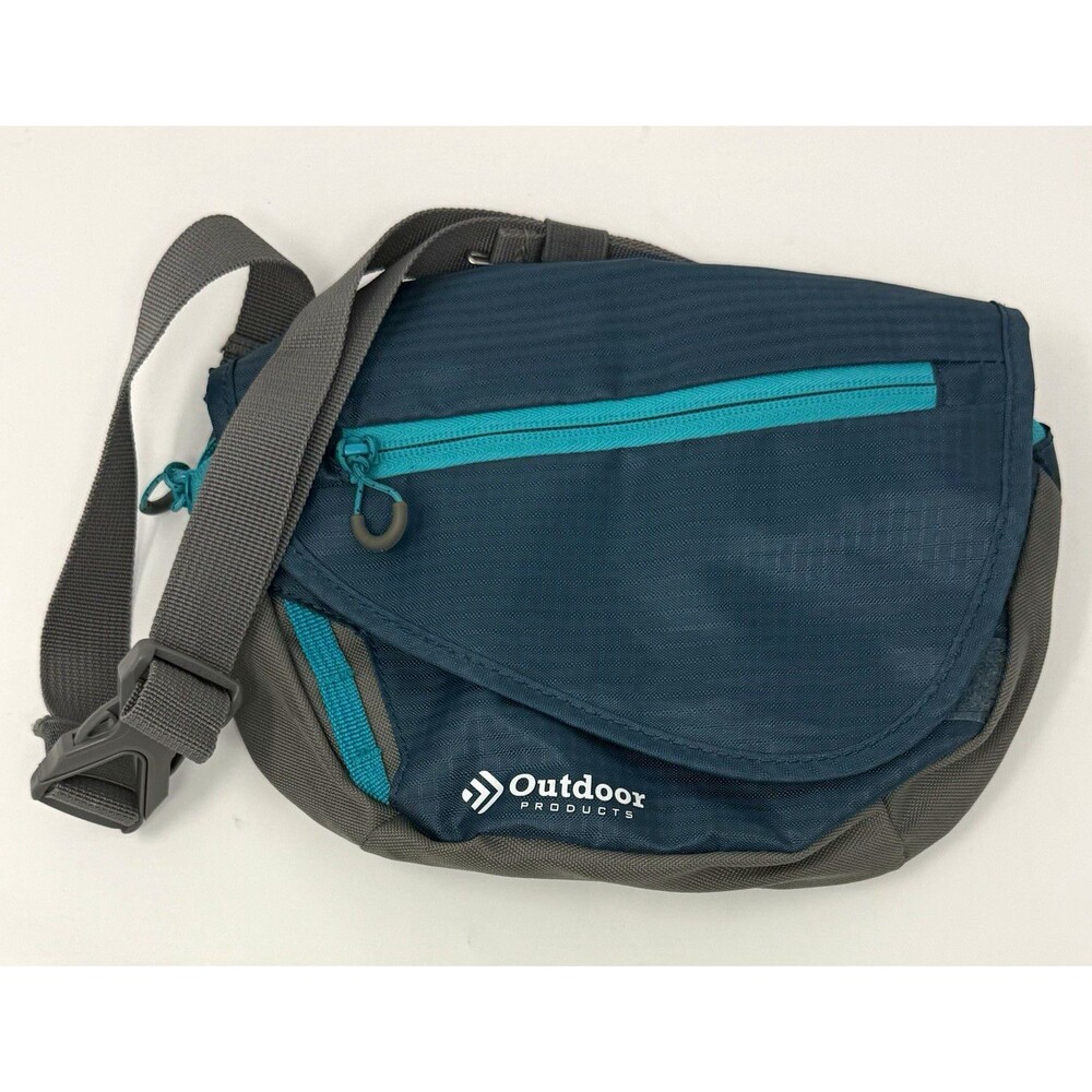 Outdoor Products Waist Pack Blue/Gray/Teal Padded Zip 4-Pocket Hiking 1329OP04
